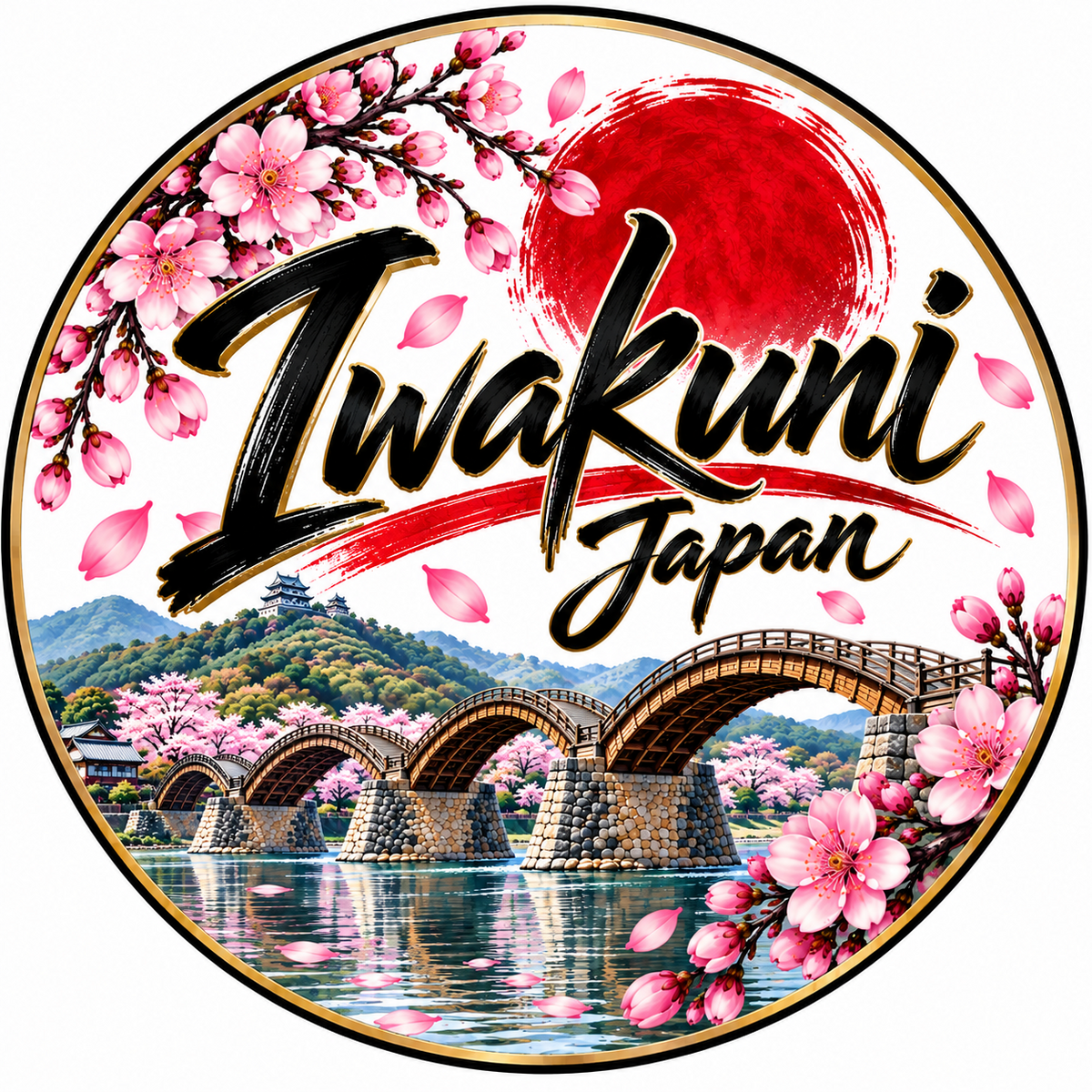 2 inch round sticker — Iwakuni Cherry Blossoms -White