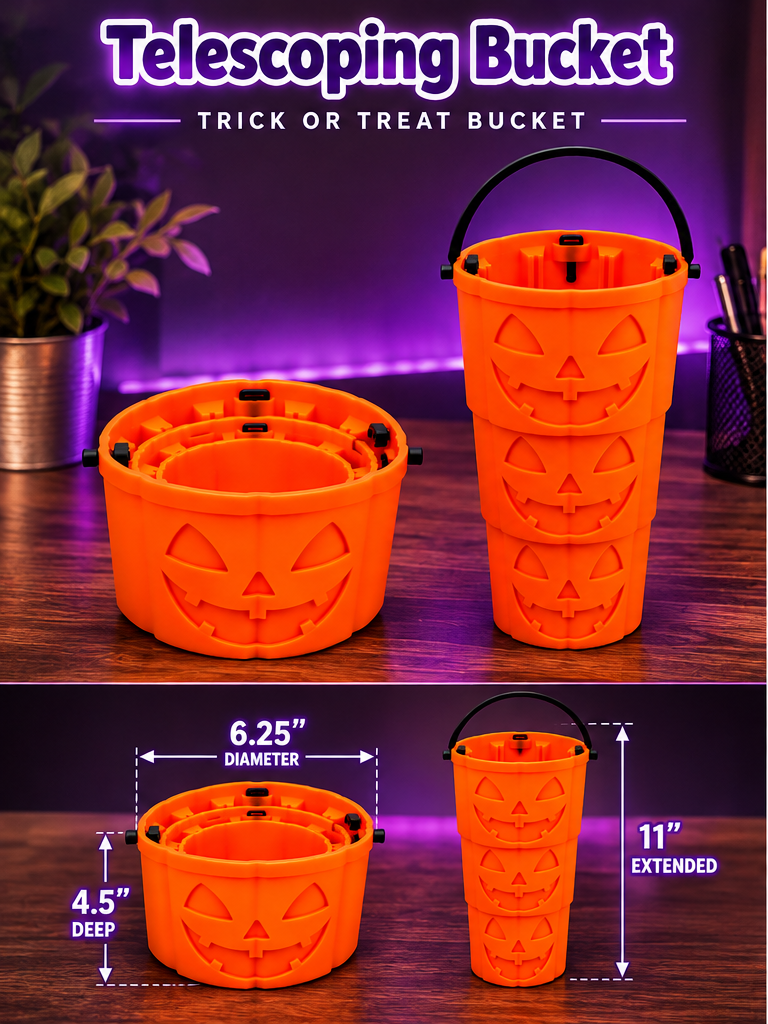 Standard telescoping bucket, collapsed and extended, purple-lit desk