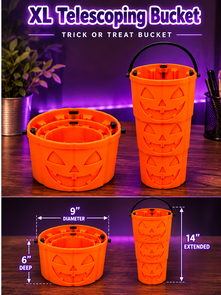 XL telescoping bucket, collapsed and extended, purple-lit desk